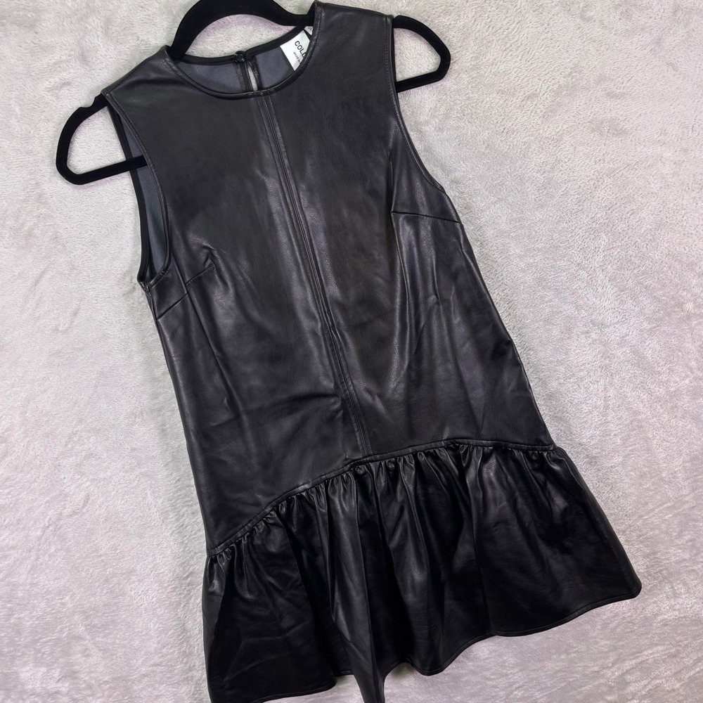Collusion Mini Dress Womens Sz 0 Black Faux Leather Ruffle Drop Waist Sleeveless